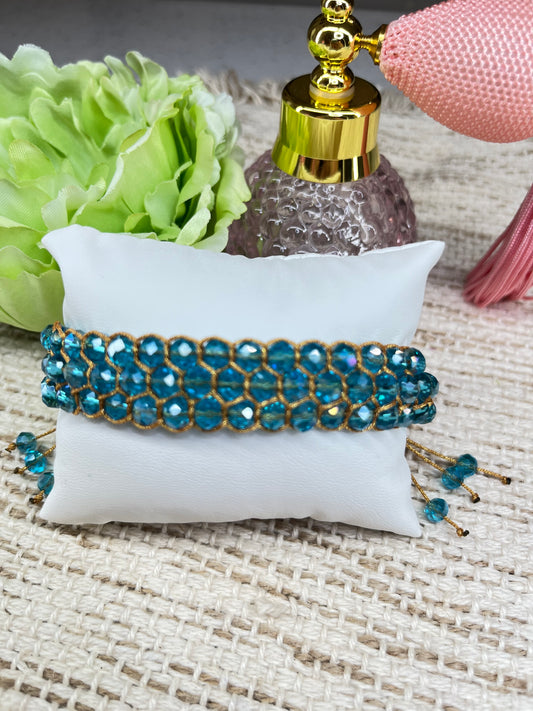 Colección: Destellos De Seda & Cristal ( Estiló Pulsera De 3 Hilos En Color Azul)