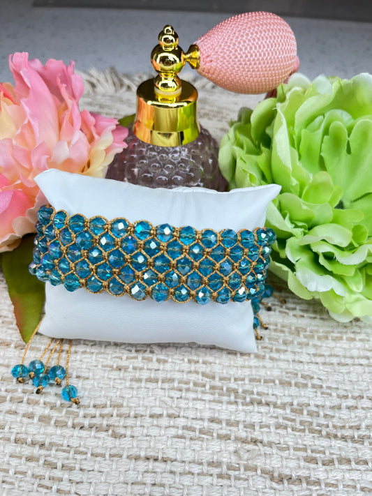 Colección: Destellos De Seda & Cristal ( Estilo Brazalete De 5 Hilos En Color Azul)